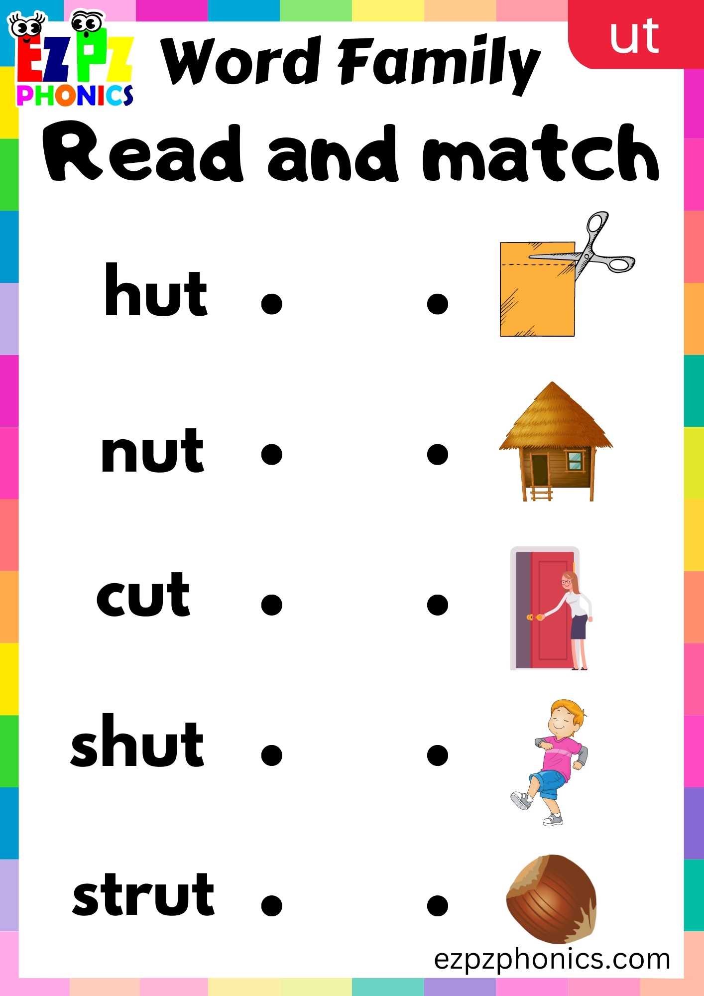 UT Words Read And Match Phonics Word Families Worksheet